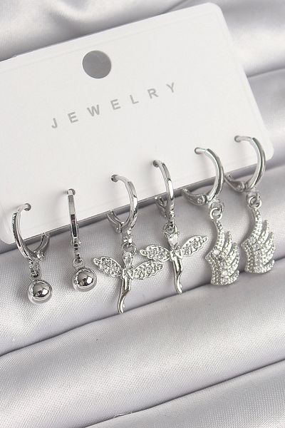 Clariss Brass Silver Color Hanging Zircon Stone Angel Model Wing Detail Women's Earring Set