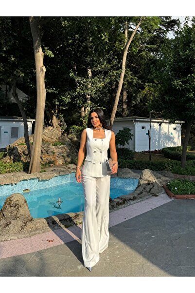 LOBOLIC Γυναικείο Σετ Δυο Κομμάτια Ειδικού Σχεδιασμού- Τετράγωνο γιακά Γιλέκο και Κομψό Σετ Παντελόνι Palazzo