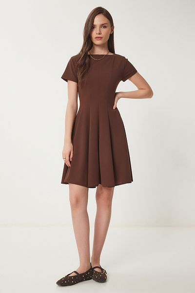 Lovelyİstanbul Godeli Mini Υφαντό Φόρεμα - Καφέ - LUB0084