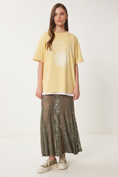 Lovelyİstanbul Pantaloni scurți de vară Fusta lungă din dantelă căptușită KHAKI LCR0049