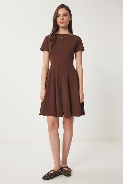 Lovelyİstanbul Godeli Mini Υφαντό Φόρεμα - Καφέ - LUB0084