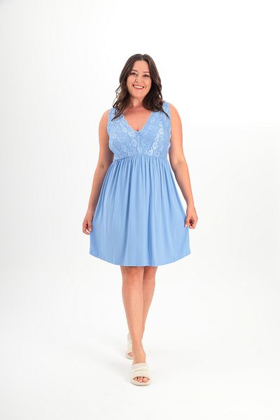 MAMAYAGA Women's V-Neck Lace Detail Strap Stylish Long Plus Size Curve Viscose Nightdress Dress