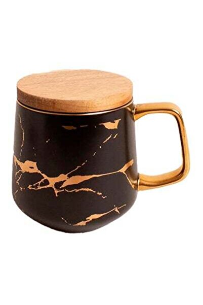 HALAMODO كوب قهوة رخامي سيراميكي مع قاعدة خشبية باللون الأسود