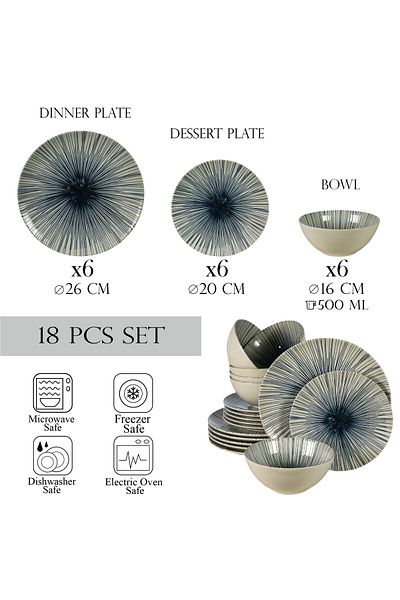 Cesiro 18-piece plate set, for 6 people, MoonLight, Glossy Ivory White with blue lines
