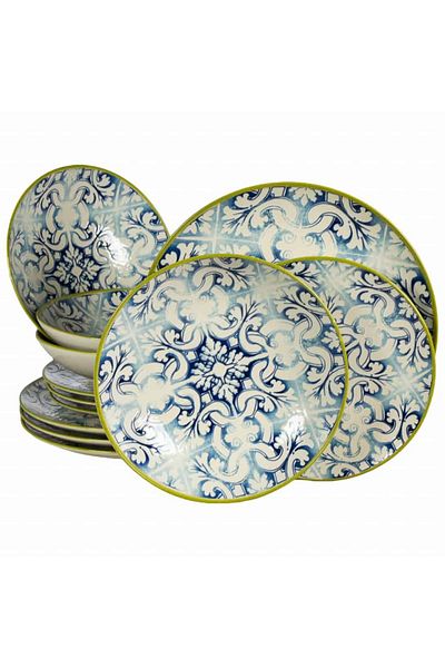 Cesiro 12-piece plate set, for 4 people, Marocco, Cesiro, Ivory White with Blue