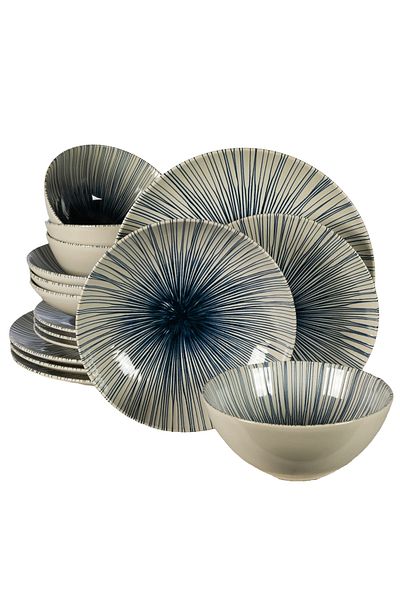 Cesiro 16-piece plate set, for 4 people, MoonLight, Cesiro, Ivory White with blue lines
