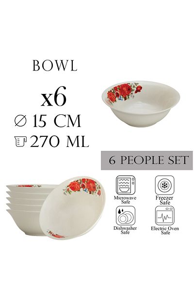 Cesiro Set of 6 bowls 15 cm x 270 ml, for 6 people, Cesiro Porcelain, Ivoire with red rose