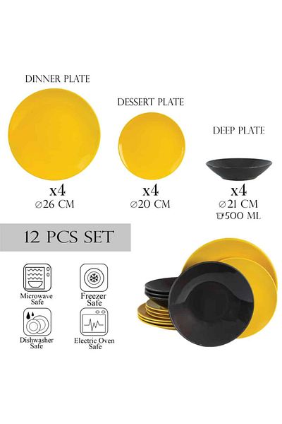 Cesiro 12-piece plate set, for 4 people, Sunflower, Cesiro, Dark Gray/Yellow