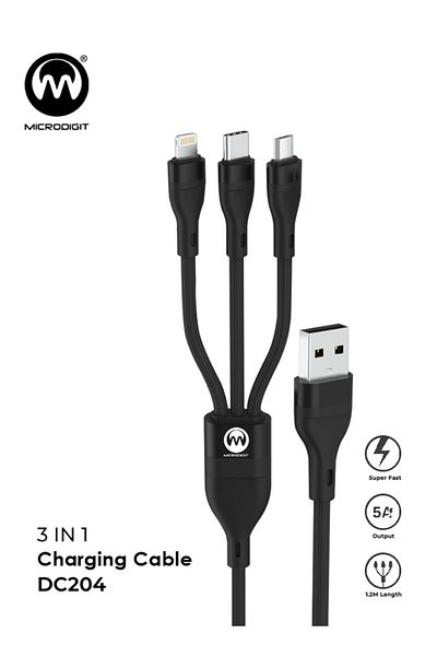 Microdigit كابل شحن سريع DC204 3 في 1، 5 أمبير، USB إلى Type-C، Lightning، وMicro USB - 1.2 متر