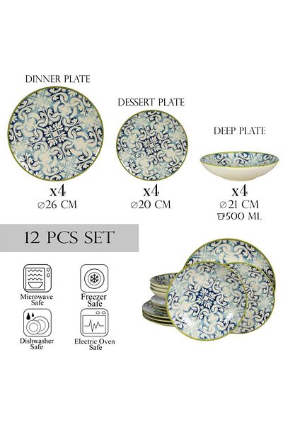 Cesiro 12-piece plate set, for 4 people, Marocco, Cesiro, Ivory White with Blue