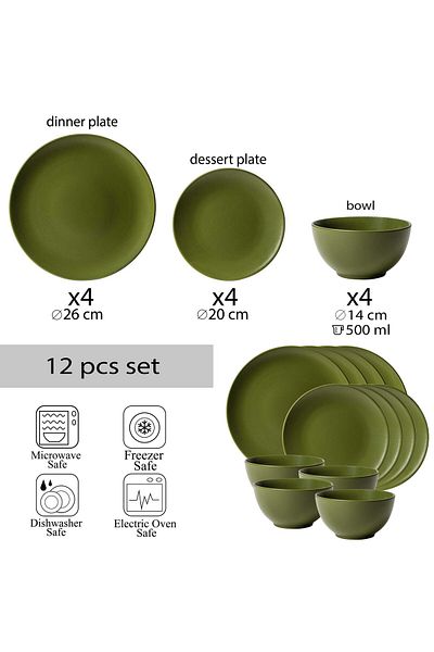 Cesiro 12-piece plate set, for 4 people, Olive Green, Cesiro, Matte Olive Green