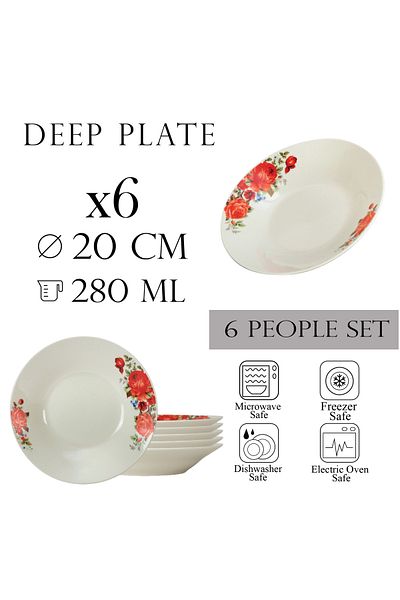 Cesiro Set of 6 deep plates 20 cm x 280 ml, for 6 people, Ivoire with red rose