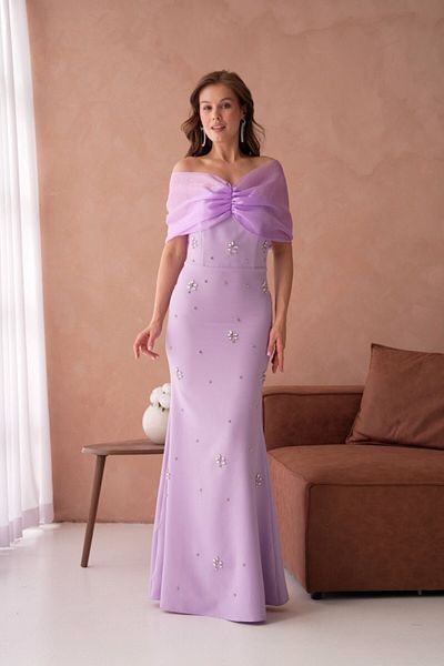 asyadabutik Women's Fish Model Stone and Organza Tulle Detailed Promise Dress Evening Dress