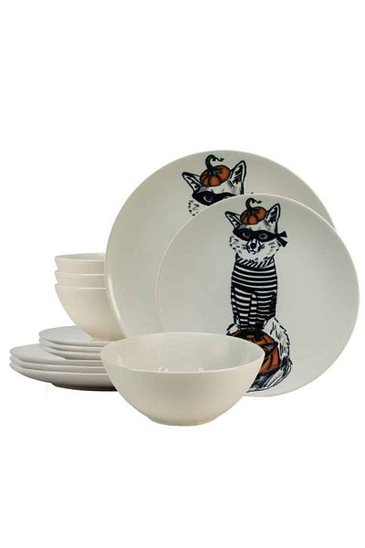 Cesiro 12-piece plate set, for 4 people, Robber Cat, Cesiro, Ivory White with Cat