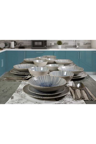 Cesiro 24-piece plate set, for 6 people, MoonLight, Cesiro, Ivory White with blue lines