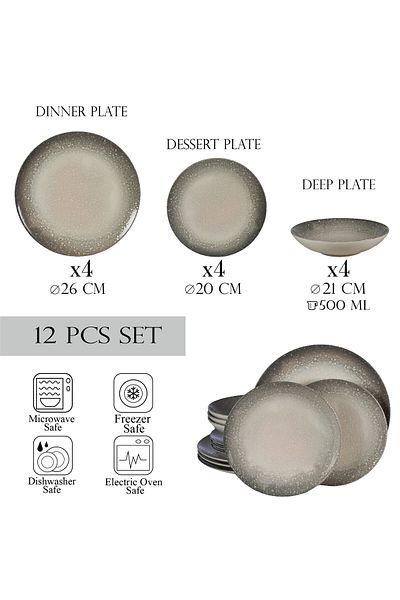 Cesiro 12-piece plate set, for 4 people, Stone, Cesiro, Ivoire White with Gray