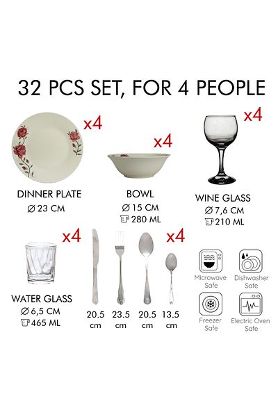 Cesiro 32-piece dinner set, for 4 people, Rose, Cesiro, Porcelain, White, decorated with pink rose