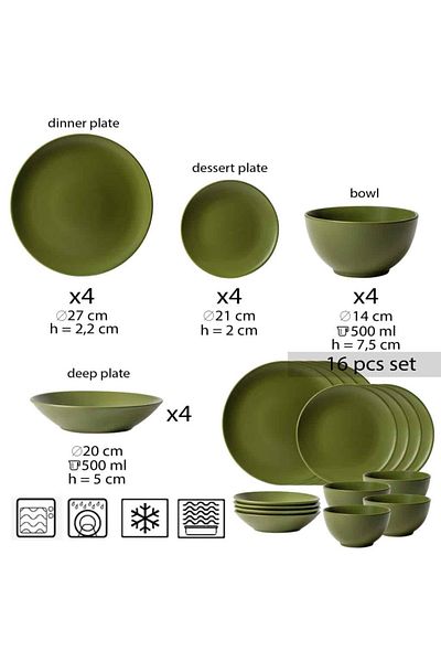 Cesiro 16-piece plate set, for 4 people, Olive Green Cesiro, Matte Olive Green