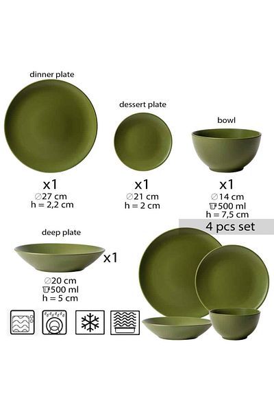 Cesiro 4-piece plate set, for one person, Olive Green, Cesiro, Matte Olive Green