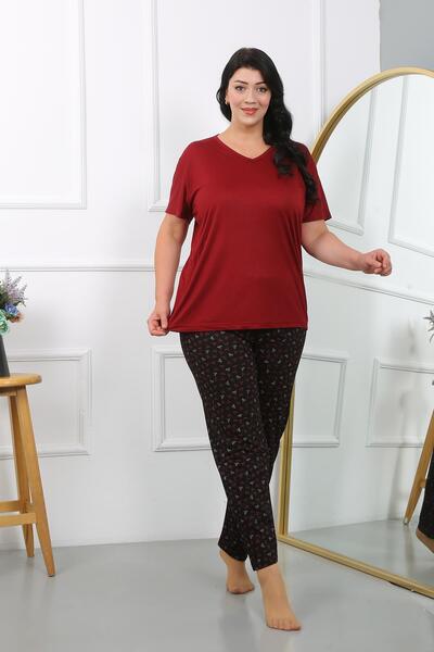 modaserdem Mdsrdm Women's Short Sleeve Large Size Combed Cotton Pajama Set-Burgundy