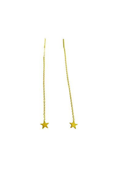 Mistik Silver Taşsız Uzun Zincirli Yıldız Gümüş Küpe - Rodyum Renk