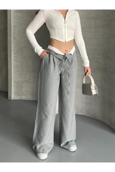 FERZOLAİO Waist Detailed Striped Gray Palazzo Trousers