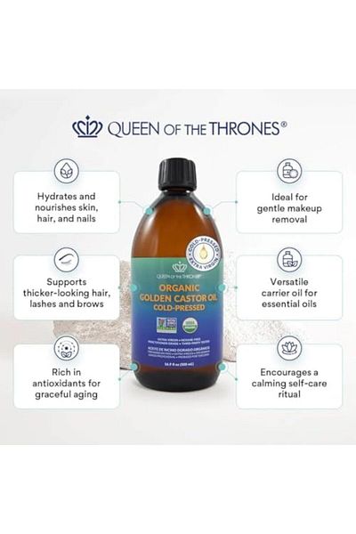 QUEEN OF THE THRONES Organic Golden Castor Oil - 16.9oz | 100% Pure & COLD PRESSED for Hair, Skin &