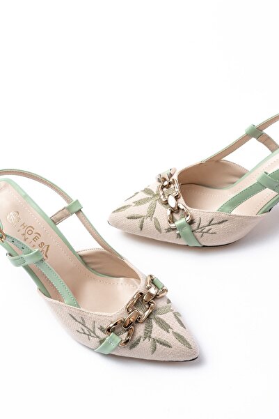 İNFON İnfon K-250 Pistachio Green Linen Daily Open Back Buckle Heeled Women's Shoes