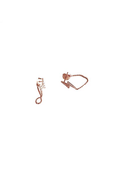 Mistik Silver Şimşek Motifli Zincirli Gümüş Küpe - Rose Renk