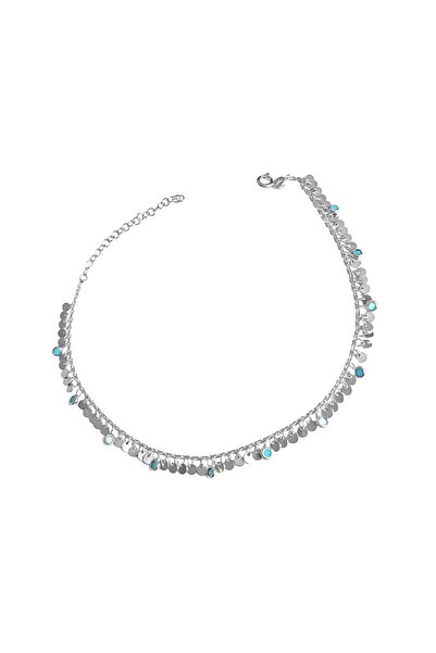 Mistik Silver Sallantılı Turkuaz Taşlı Pullu Gümüş Halhal - Gümüş Rengi