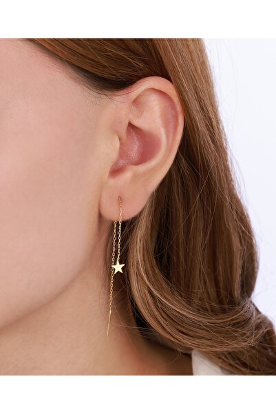 Mistik Silver Taşsız Uzun Zincirli Yıldız Gümüş Küpe - Gold Renk