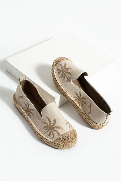 HVZ Exclusive Beige Women's Patterned Straw Sole Espadrille Comfortable and Ergonomic Shoes