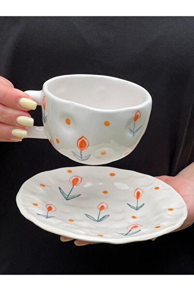 MeGgDecor Şekilsiz 300ml Turuncu Çiçekli Kupa