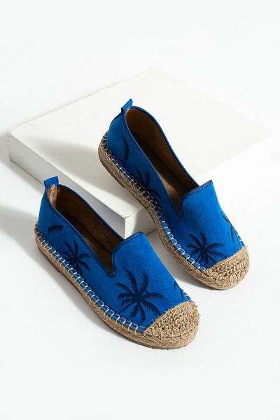 HVZ Exclusive Blue Women's Patterned Straw Sole Espadrille Comfortable and Ergonomic Shoes