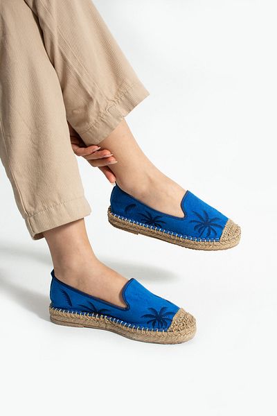 HVZ Exclusive Blue Women's Patterned Straw Sole Espadrille Comfortable and Ergonomic Shoes