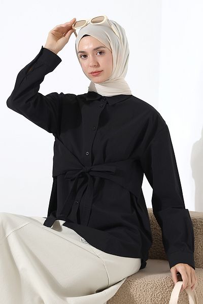 Mihran Butik Cămașă neagră Hijab pentru femei, 100% bumbac, țesătură popelin