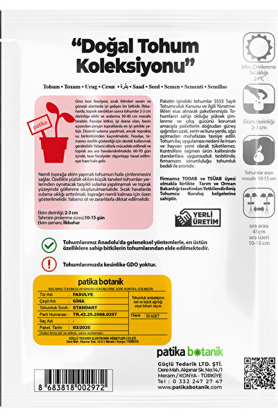 Patika Botanik 50 Adet Gina Taze Fasulye Tohumu