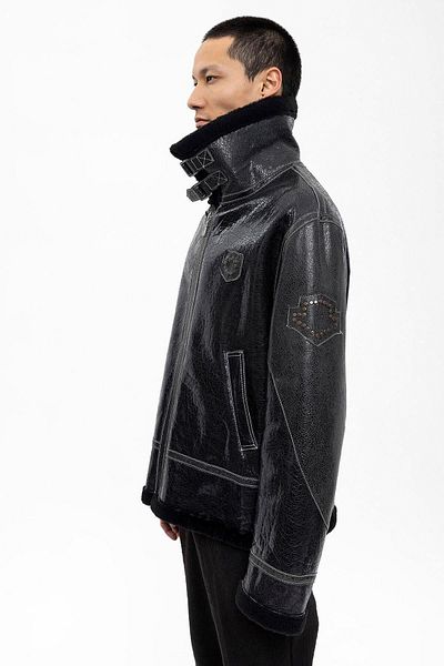 Deriderim Men's Genuine Fur Coat with Black Hairy Buckle Pockets and Unlined Zipper Closure