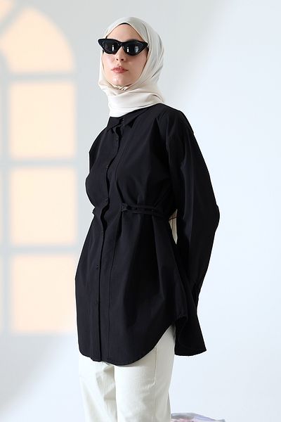 Mihran Butik Cămașă neagră Hijab pentru femei, 100% bumbac, țesătură popelin