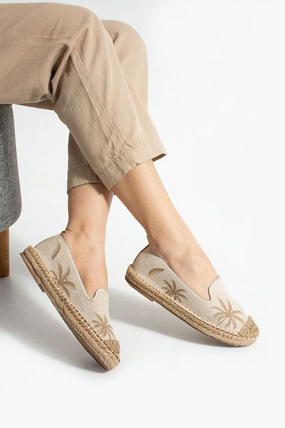 HVZ Exclusive Beige Women's Patterned Straw Sole Espadrille Comfortable and Ergonomic Shoes