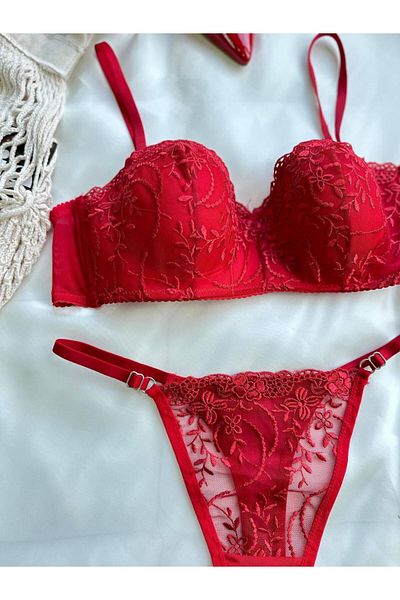 RUYAZ Red Lace Floral Underwire Soft Washed Women's Underwear Set