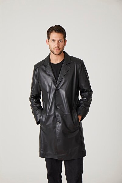 Deriderim Black Tarkan Buttoned Lined Trench Coat Men's Genuine Leather Coat