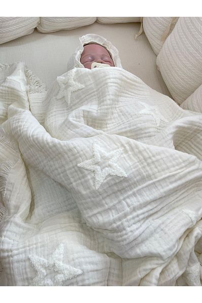 Tly Home Textiles Baby Blanket Mülün Star Poncho Embroidered White