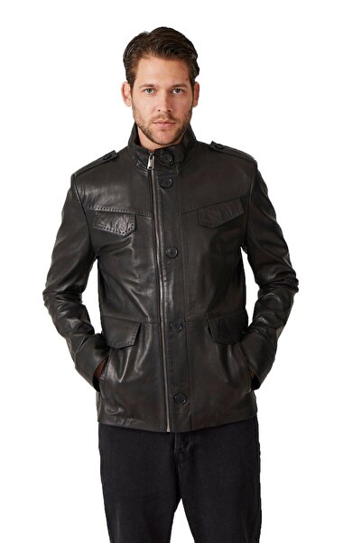 Deriderim Black Felix Men's Genuine Leather Coat with Zippered Lining and Pocket Detail