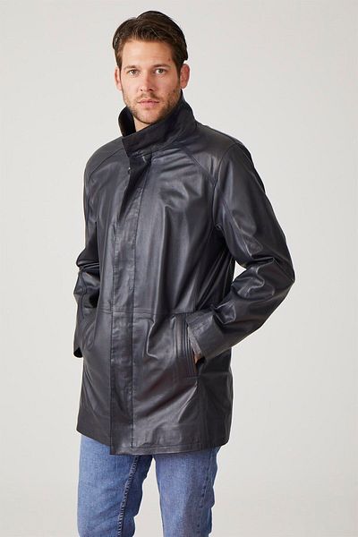 Deriderim Navy Blue Weston Lined Zippered and Buttoned Knitwear Men's Genuine Leather Coat
