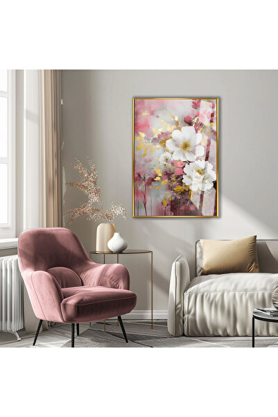 Harikabirev HARİKABİREV | MODEL DE FLORI DE CULOARE ROZ-GRI -3 | TABLA DE STICLA TEMPLATA CU CADRU, SIMPLE, VERTICALA