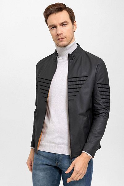 Deriderim Navy Blue Genuine Leather Inside Yellow Fabric Zippered Thin Vincenzo Men's Double Sided Coat