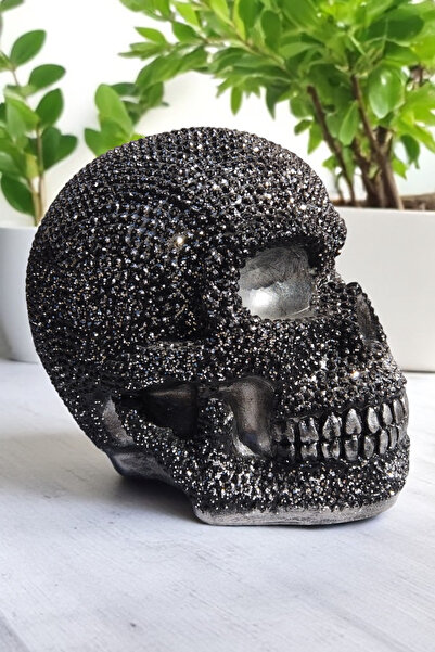AlinSanatHeykel Gümüş Rengi Dokumalı Işıldayan Siyah Kuru Kafa Heykeli - Modern Şık Raf Aksesuarı