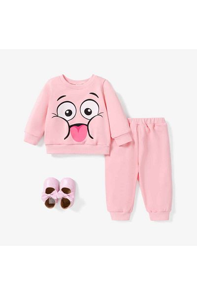 nannie Girls Pink Funny Face Tracksuit - 6-9 Months