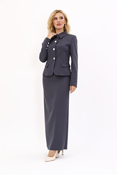 ÖNDER ÖZSOY Peplum Ceket & Uzun Kalem Etek Takım-Füme